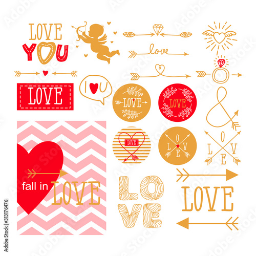 set of elements for design - arrows, cupid, hearts, love. hand-drawn design elements. Template for valentine's day greeting card, wedding.