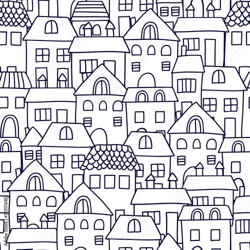Cute cartoon pattern with houses. Vector city seamless pattern. Seamless vector background. © alla72