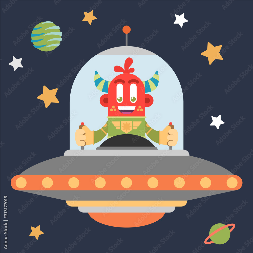 Cute red martian inside a fancy spaceship. Cartoon style. Vector  illustration. Flat design style. Stock Vector | Adobe Stock