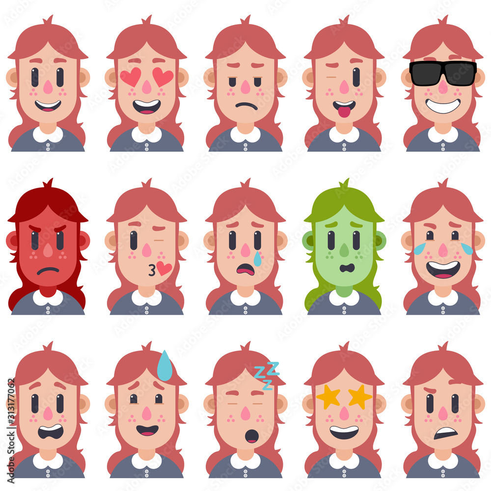 Funny set of girl emotions 01. Facial expressions. Cartoon style. Vector illustration. Flat design style. Funny set of girl emotions 01. Facial expressions. Cartoon style. Vector illustration. Flat design style.