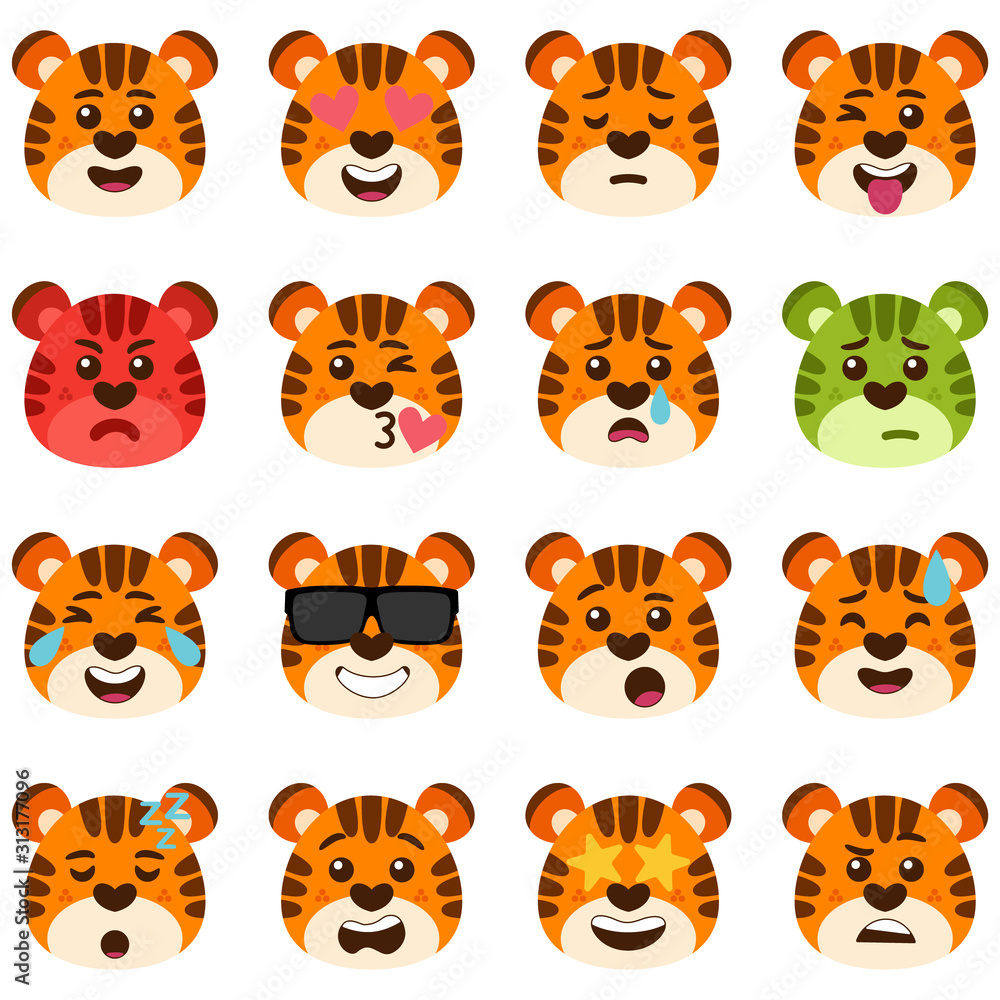 Fototapeta premium Funny set of tiger emotions. Facial expressions. Cartoon style. Vector illustration. Flat design style.