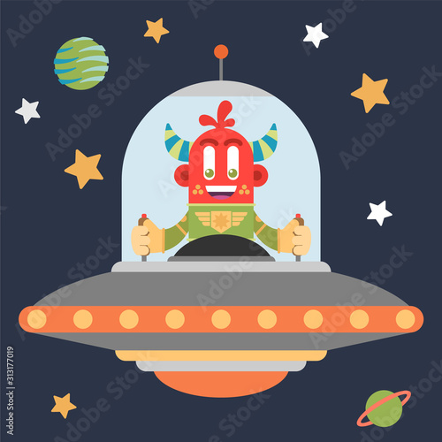 Cute red martian inside a fancy spaceship. Cartoon style. Vector illustration. Flat design style.