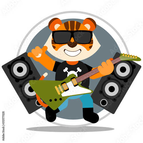 Cute tiger rockstar smiling holding green electric guitar. Cartoon style. Vector illustration. Flat design style.