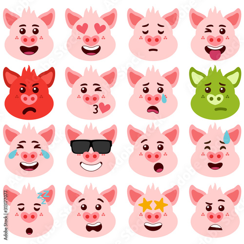 Funny set of pig emotions. Facial expressions. Cartoon style. Vector illustration. Flat design style.