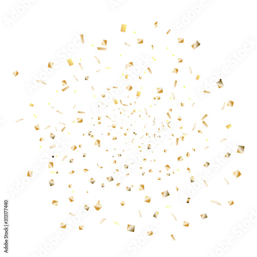 Confetti and streamer ribbon falling on transparent background. Falling shiny gold confetti. Bright golden festive tinsel. Party backdrop. Holiday design elements for web banner  poster