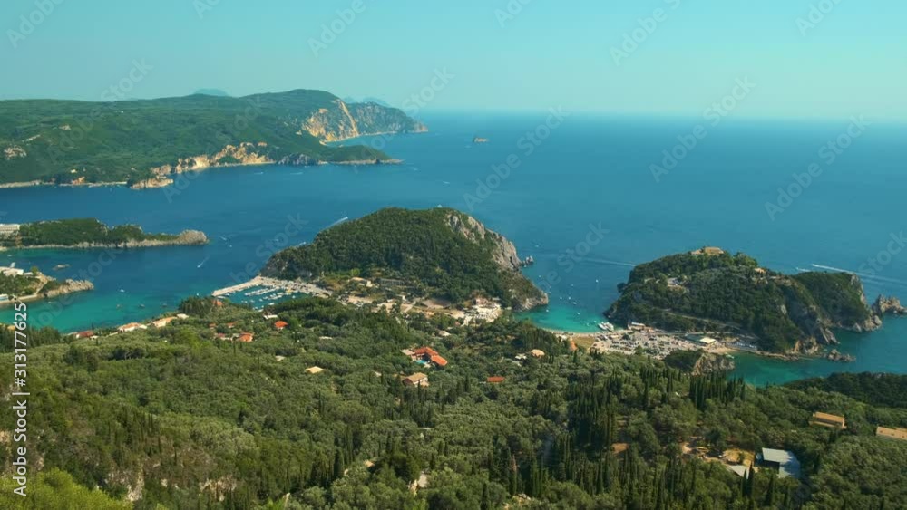 View from above on Paleokastritsa bay in a sunny day, Corfu island, Greece. ProRes 422HQ 10 Bit mov.