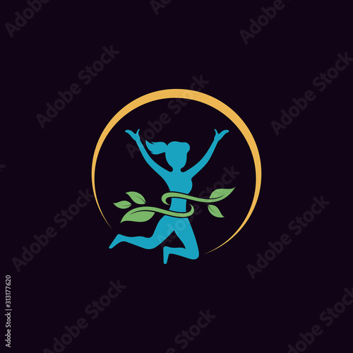Colorful Woman/Female Wellness Logo Design. Success and Health Symbol. People Diet, fitness sport, physical activity, body nutrition and lifestyle logo