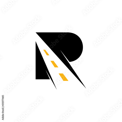 Letter R for road logo, initial letter R with road strips shape, creative flat letter logo concept