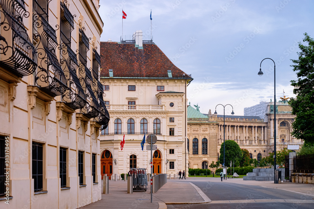 Naklejka premium Austrian Federal Chancellery, or Bundeskanzleramt, or BKA on Ballhausplatz Square in Innere Stadt in Old city center in Vienna of Austria. Seat of Chancellor and European Government in Wien in Europe