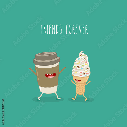 The vector illustration. Fast food. Friends forever. Coffee and ice cream