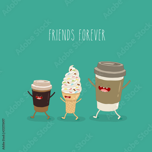 The vector illustration. Fast food. Friends forever. Coffee and ice cream