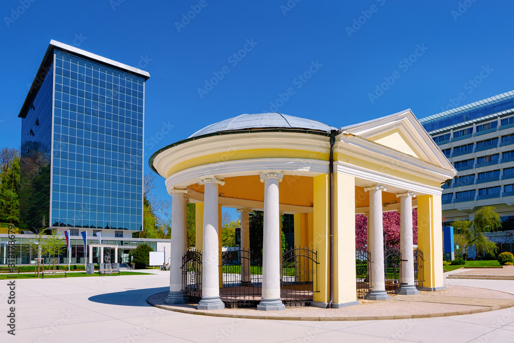 Tempel pavilion in Old city at Medical center in Rogaska Slatina in Slovenia in South Styria. Travel in Europe Slovenian luxury spa resort. Summer view. Town destination. Cityscape and landscape.