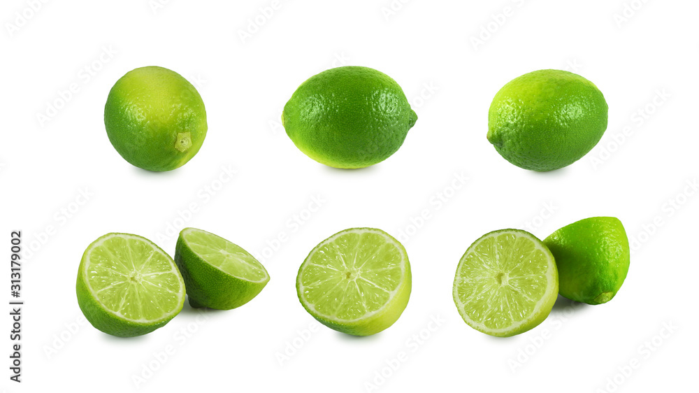 Set of fresh lime whole and halves isolated on white background