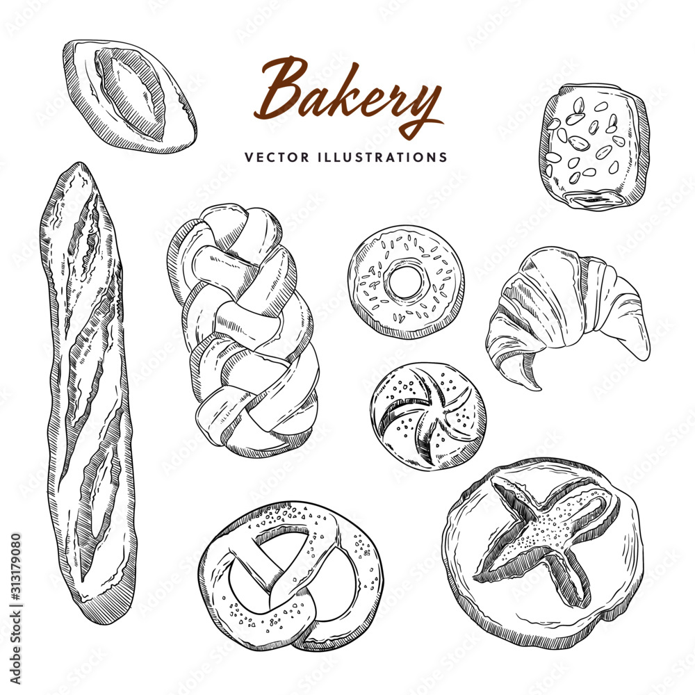 Bread and pastry collection. Hand drawn sketch of bakery products ...