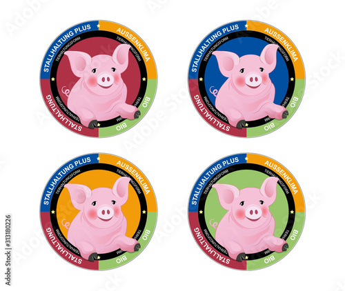 Schweine Tierhaltungsform Label Set, Stallhaltung, Stallhaltung Plus, Aussenklima, Bio,  Vektor Illustration freigestellt auf weißem Hintergrund