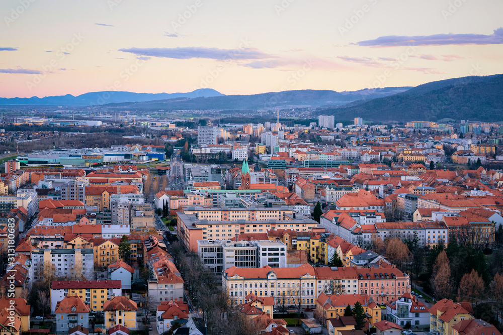 Romantic panoramic cityscape in Maribor in Slovenia in Lower Styria in Europe. Panorama of evening City in spring in Slovenija. Slovenian town in summer. Travel destination