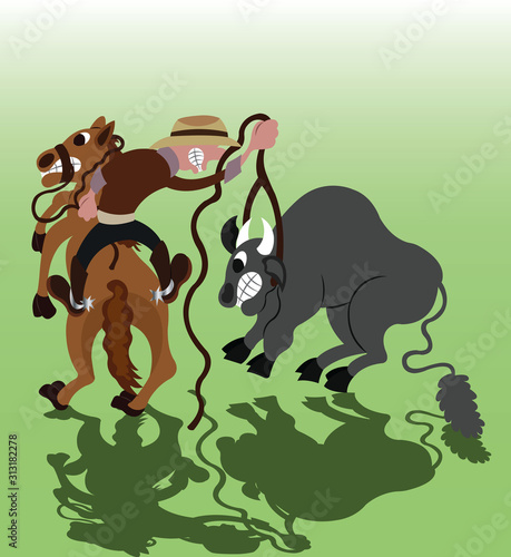 A cowboy wrestling a cow in Rodeo