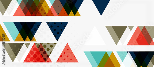 Banner with multicolored mosaic triangle geometric design on white background. Abstract texture. Vector illustration design template. © antishock