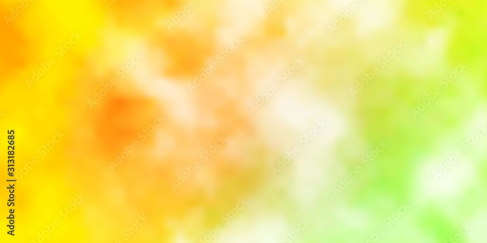 Light Green, Yellow vector background with clouds. Gradient illustration with colorful sky, clouds. Colorful pattern for appdesign.