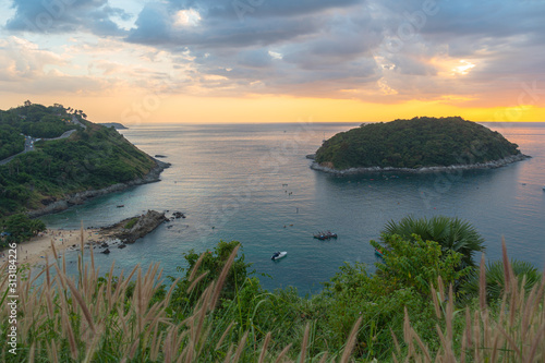 Man island in front of Promthep cape and wind turbine viewpoint. Promthep cape and wind turbine .viewpoint are popular place in Phuket .