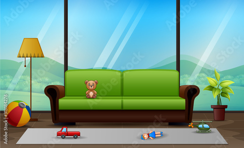 A classic living room with children toys on the floor