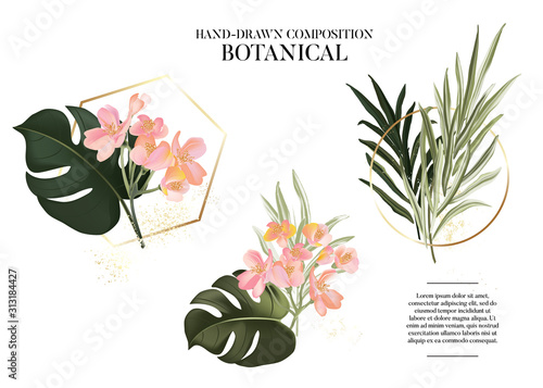 Hand drawn watercolor exotic plants set. Realistic leaves and colorful Tropical flowers design with gold frame and  text elements, luxury logo, branding template design. Paradise party art in vector