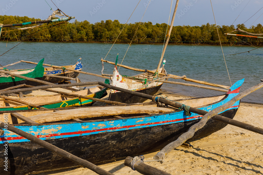 Colourful Pirogues at the beach in Morondava, Madagascar