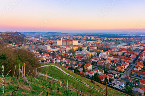 Romantic Landscape and cityscape with vineyards in Maribor in Slovenia in Lower Styria in Europe. Nature in spring in Slovenija. Sunset. Vine cesta on Piramida or Pyramid hill