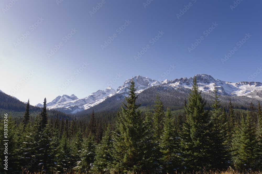Snow-capped mountains against a cloudless blue sky