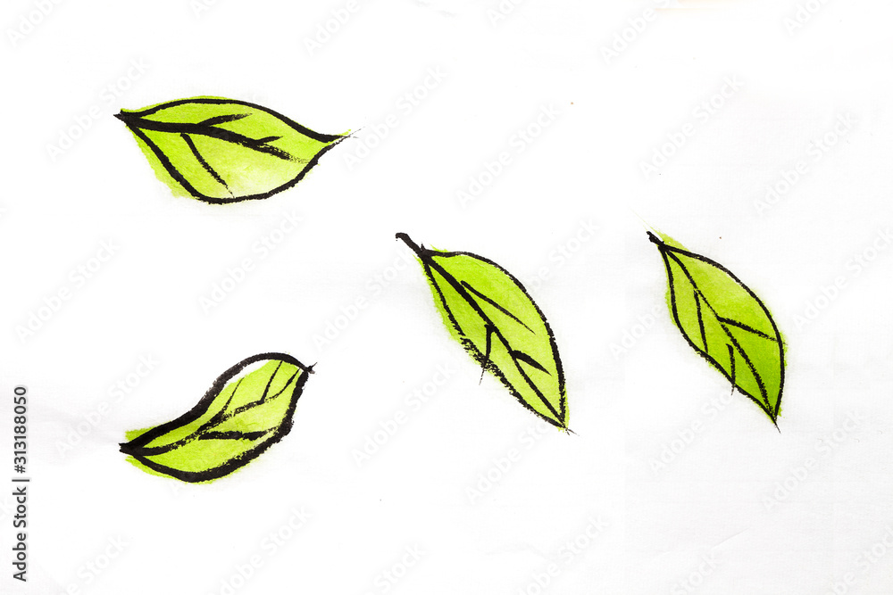 Fototapeta premium Green leaves on rice paper touch texture Illustration 