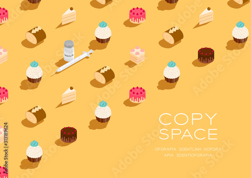 Bakery cake and dessert with insulin 3D isometric pattern, Diabetes medical concept poster and social banner post horizontal design illustration isolated on green background with space, vector eps 10