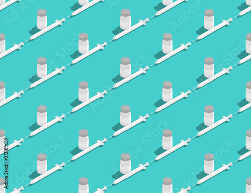 Insulin and syringe 3D isometric seamless pattern, Diabetes medical instrument concept poster and social banner post square design illustration isolated on green background with space, vector eps 10