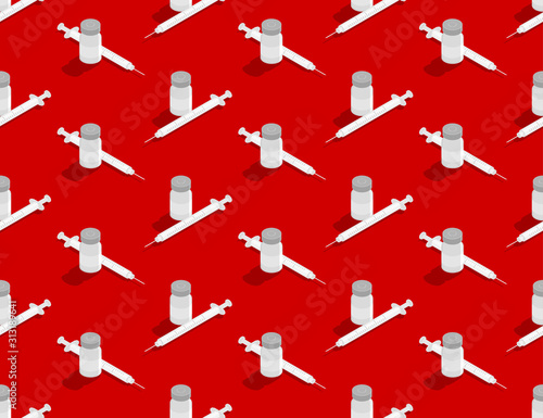 Insulin and syringe 3D isometric seamless pattern, Diabetes medical instrument concept poster and social banner post square design illustration isolated on red background with space, vector eps 10