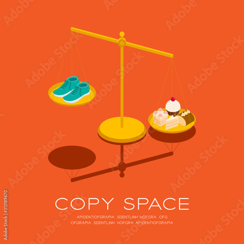 Cake and running shoes on Scales 3D isometric pattern, Bakery healthy diet or lose weight concept poster and social banner square post design illustration isolated on orange background, vector