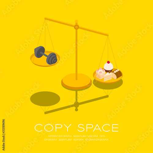 Cake and Dumbbell on Scales 3D isometric pattern, Bakery healthy diet or lose weight concept poster and social banner square post design illustration isolated on yellow background, vector