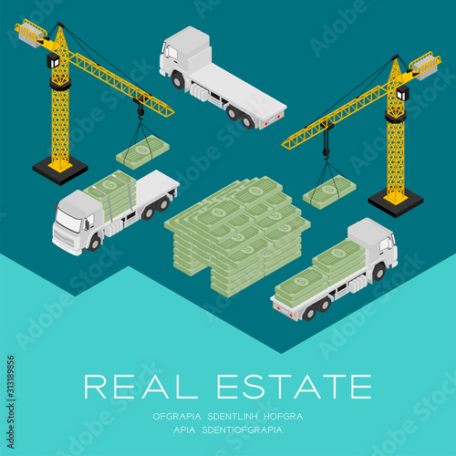 House shape from banknote 3D isometric pattern, Real estate construction business investment concept poster and social banner post square design illustration isolated on green background, vector