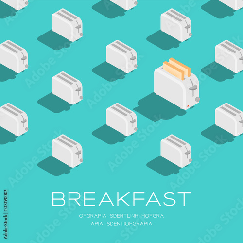 Toaster with Slice bread 3D isometric pattern, Breakfast bakery concept poster and social banner post square design illustration isolated on green background with copy space, vector eps 10