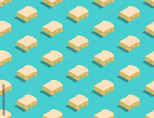 Sandwich 3D isometric seamless pattern, Breakfast bakery concept poster and social banner post design illustration isolated on green background with copy space, vector eps 10