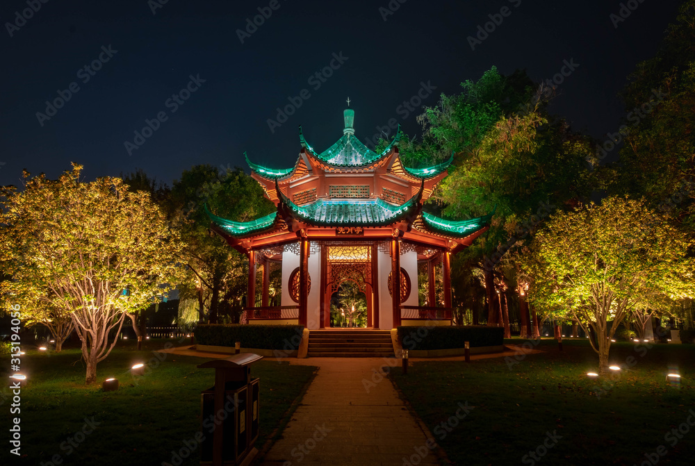 Night view of  Chinese Pavillion with light decoration at East Lake, Wuhan Hubei / China.