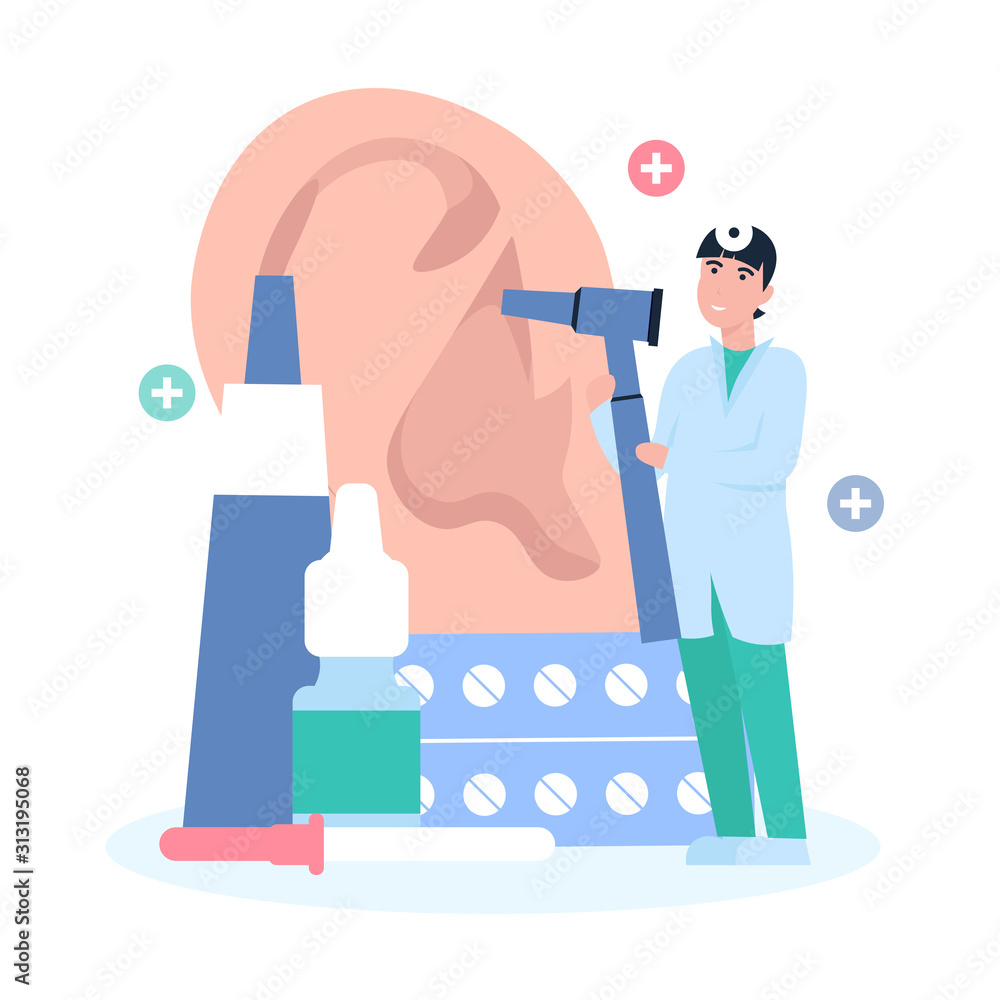 Happy Otolaryngologist man doctor with otoscope and frontal reflector make ear examination. Flat vector cartoon illustration. Drops for nose, ointment, tablets items. Happy Otolaryngologist man doctor with otoscope and frontal reflector make ear examination. Flat vector cartoon illustration. Drops for nose, ointment, tablets items.