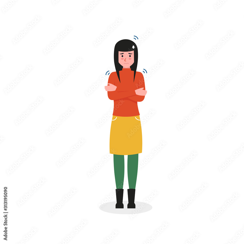 Girl has a cold and fever. Flat vector cartoon character isolated white background. Girl has a cold and fever. Flat vector cartoon character isolated white background.