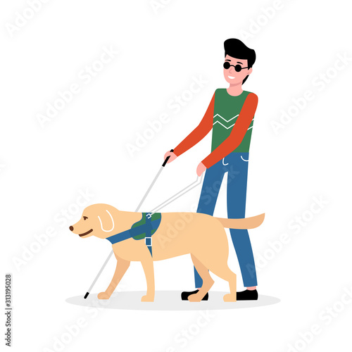 Blind man holding stick, walking with guide dog. Disabled male with blindness isolated white background. Flat vector illustration.