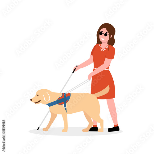 Blind woman holding stick, walking with guide dog. Disabled female with blindness isolated white background. Flat vector illustration.