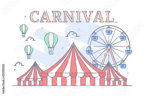 Happy Carnival Festive Concept with circus tent line filled illustration