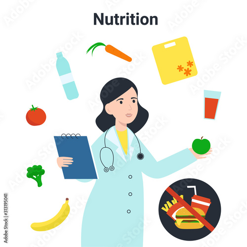Nutritionist dietolog woman with healthy and unhealthy products food. Flat vector cartoon illustration isolated white background.