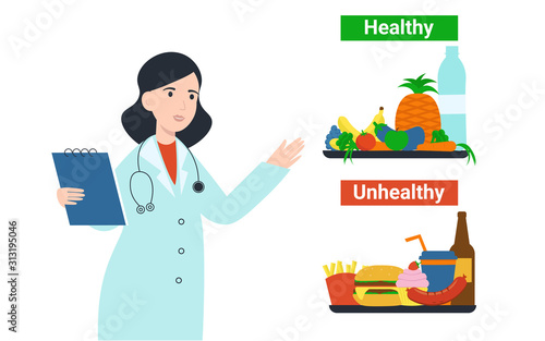 Nutritionist dietolog woman with healthy and unhealthy products food. Flat vector cartoon illustration isolated white background.