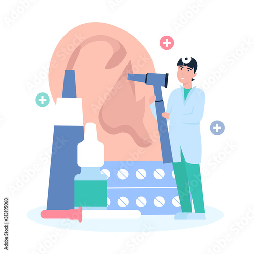 Happy Otolaryngologist man doctor with otoscope and frontal reflector make ear examination. Flat vector cartoon illustration. Drops for nose, ointment, tablets items.