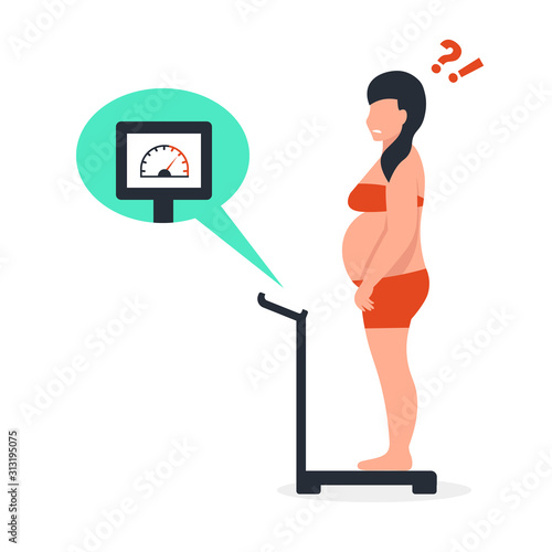 Fat woman stands on floor scales. Flat vector cartoon illustration isolated white background.
