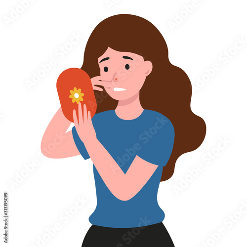 Sad girl looks in the mirror at a big pimple on the face. Flat vector cartoon illustration.