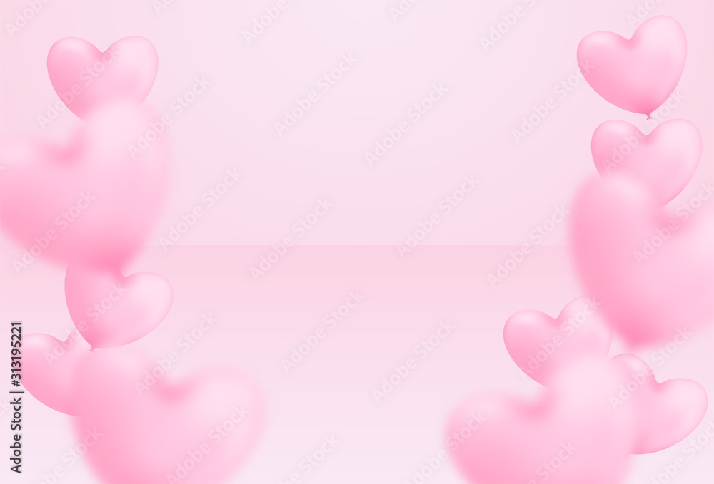 Happy Valentine's day background. Design with pink heart balloons on pink background. Vector.